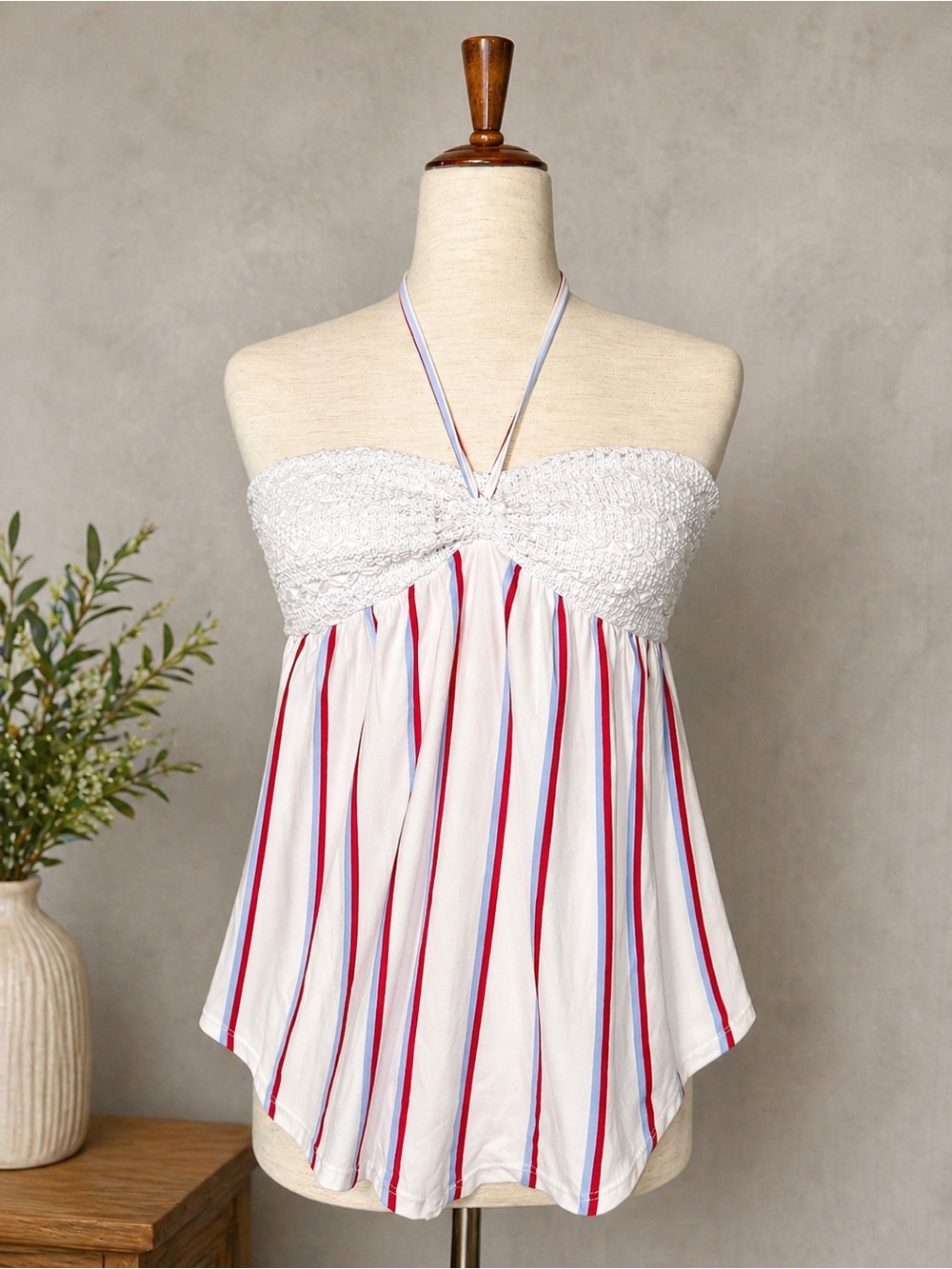 No Boundaries White Halter Camisole with Red and Blue Stripes